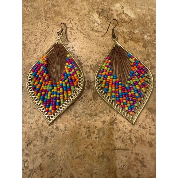Colorful Beaded Teardrop Earrings With Metal Frame - Picture 1 of 3